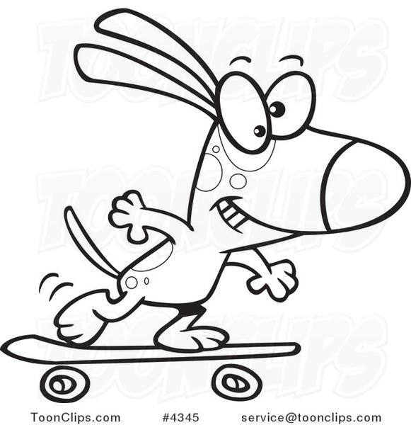 Cartoon Black and White Line Drawing of a Dog Skateboarding