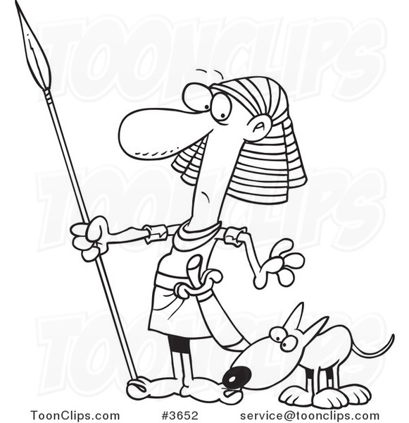 Cartoon Black and White Line Drawing of a Dog Sniffing an Egyptian Guard's Foot,