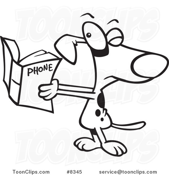 Cartoon Black and White Line Drawing of a Dog Squinting at a Phone Book