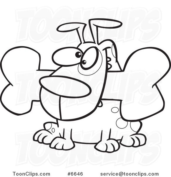 Cartoon Black and White Line Drawing of a Dog with a Bone