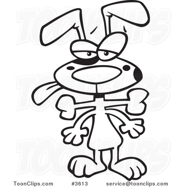Cartoon Black and White Line Drawing of a Dog with a Bone Stuck in His Throat