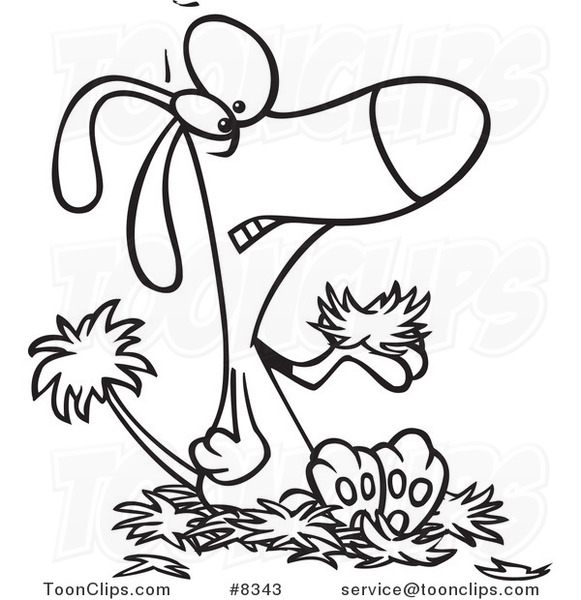 Cartoon Black and White Line Drawing of a Dog with Alopecia, Sitting on a Pile of Hair