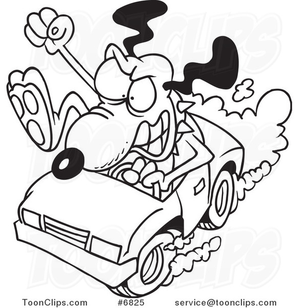 Cartoon Black and White Line Drawing of a Driving Dog with Road Rage