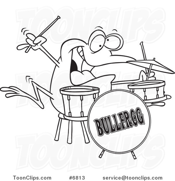 Cartoon Black and White Line Drawing of a Drummer Frog