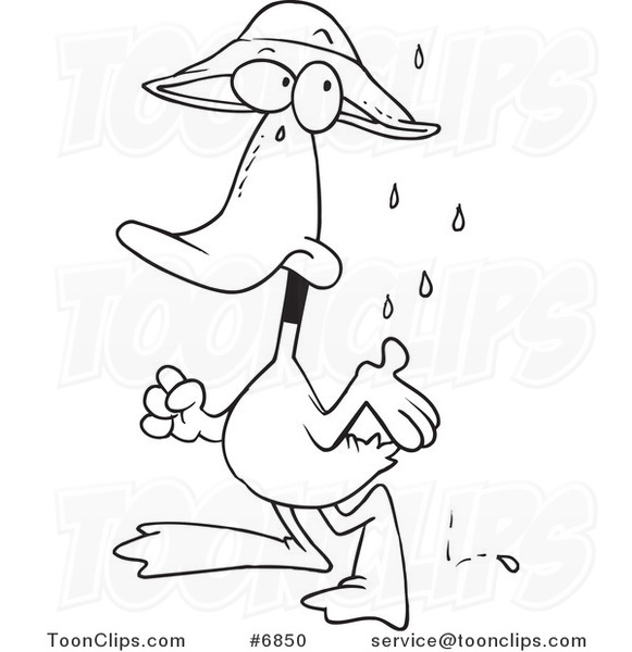Cartoon Black and White Line Drawing of a Duck in the Rain