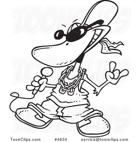 Cartoon Black and White Line Drawing of a Duck Rapper #4834 by Ron Leishman