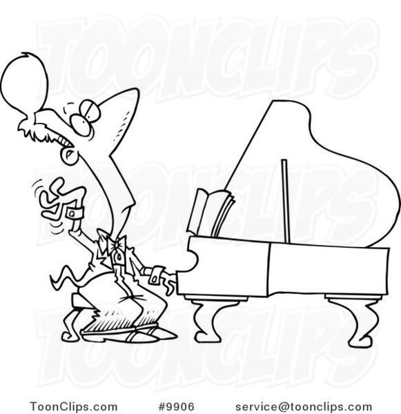 Cartoon Black and White Line Drawing of a Fancy Pianist