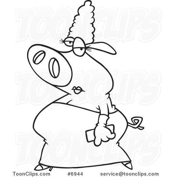 Cartoon Black and White Line Drawing of a Fancy Pig in a Dress