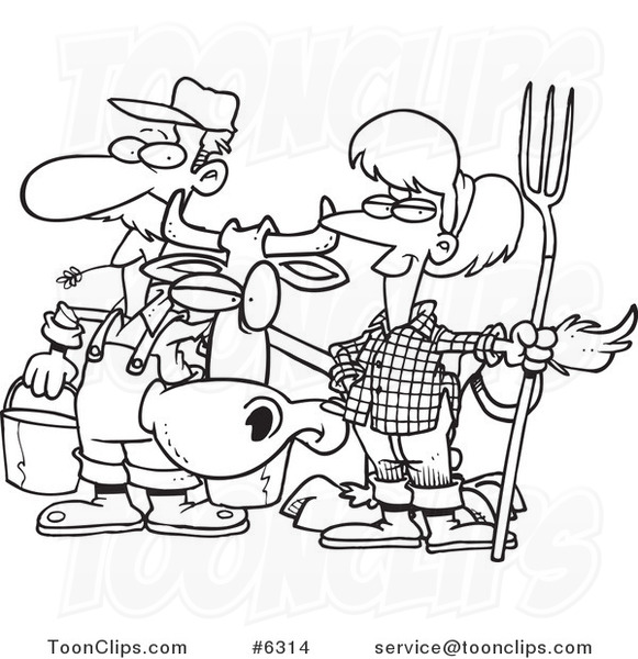 Cartoon Black and White Line Drawing of a Farmer Couple with a Cow #6314 by  Ron Leishman