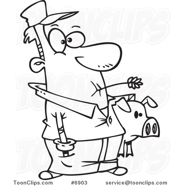 Cartoon Black and White Line Drawing of a Farmer Holding His Pig