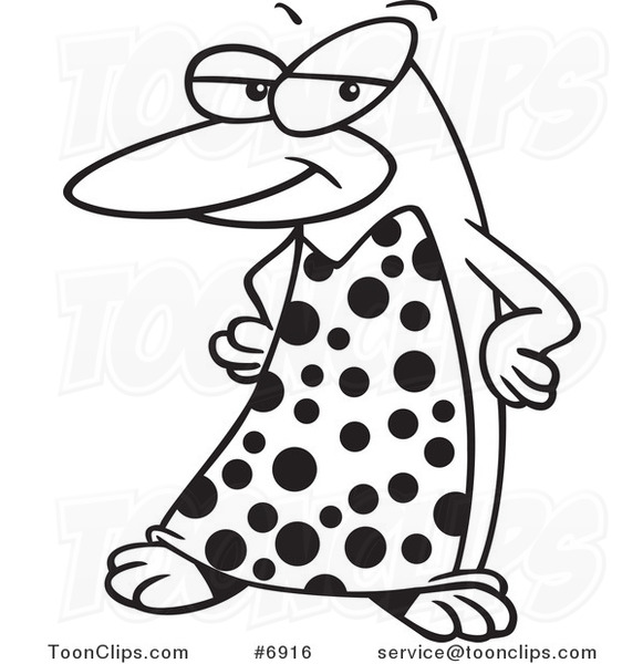 Cartoon Black and White Line Drawing of a Fashionable Penguin