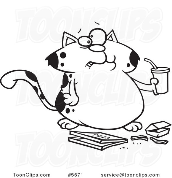 Cartoon Black and White Line Drawing of a Fat Cat Sipping Soda and Eating Fast Food