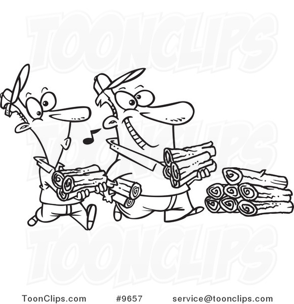 Cartoon Black and White Line Drawing of a Father and Son Carrying Wood