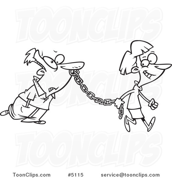 Cartoon Black and White Line Drawing of a Female Boss Leading Her Employee  #5115 by Ron Leishman
