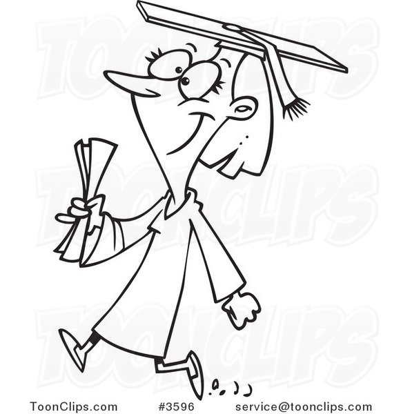 Cartoon Black and White Line Drawing of a Female College Graduate Walking