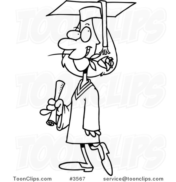 Cartoon Black and White Line Drawing of a Female College Graduate with a Rose in Her Mouth
