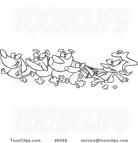 Cartoon Black and White Line Drawing of a Female Dog Walker