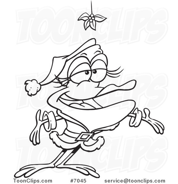 Cartoon Black and White Line Drawing of a Female Frog in a Santa Suit Under Mistletoe