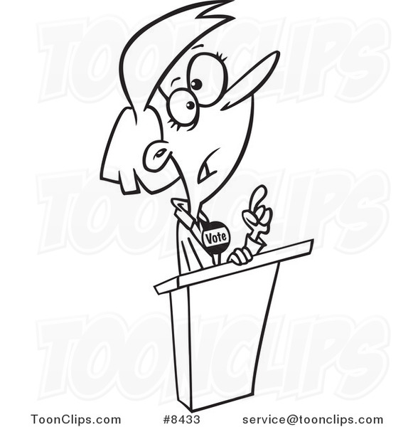 Cartoon Black and White Line Drawing of a Female Political Candidate