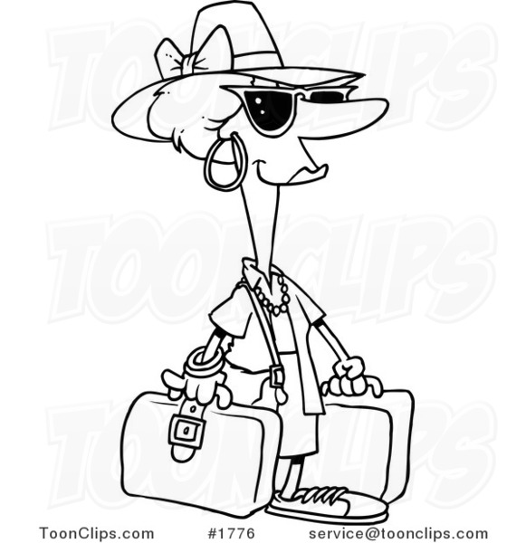 Cartoon Black and White Line Drawing of a Female Tourist Carrying Luggage