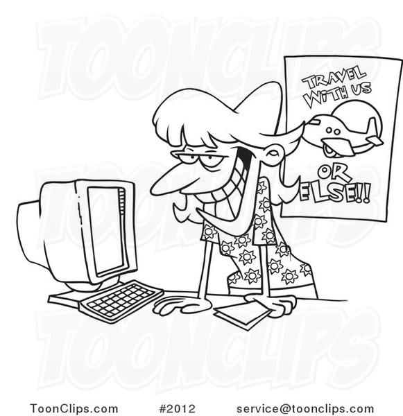 Cartoon Black and White Line Drawing of a Female Travel Agent Grinning and  Leaning over Her Desk #2012 by Ron Leishman