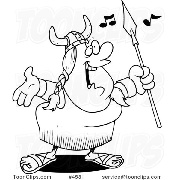Cartoon Black and White Line Drawing of a Female Viking Opera Singer