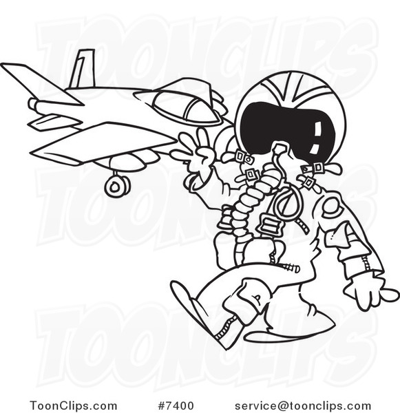 Cartoon Black and White Line Drawing of a Fighter Pilot near His Jet #7400  by Ron Leishman