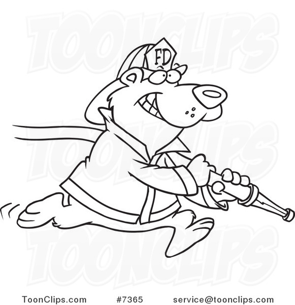 Cartoon Black and White Line Drawing of a Fire Fighter Bear Carrying a Hose