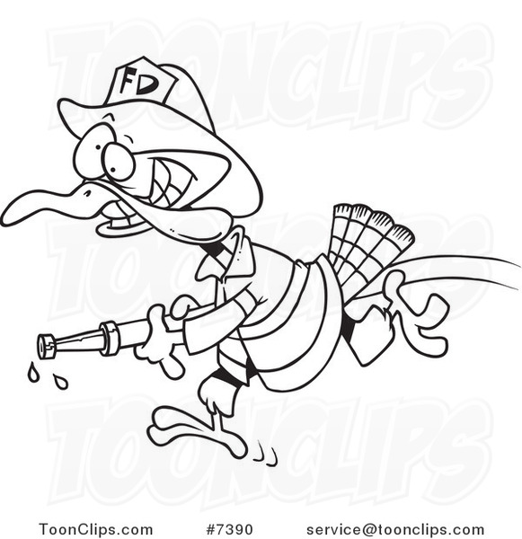 Cartoon Black and White Line Drawing of a Fire Fighter Turkey Carrying a Hose