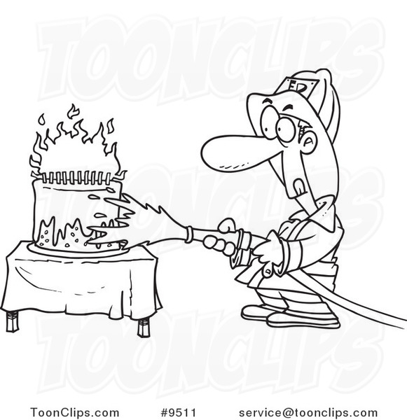 Cartoon Black and White Line Drawing of a Firefighter Extinguishing a Birthday Cake