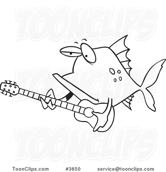 Cartoon Black and White Line Drawing of a Fish Guitarist