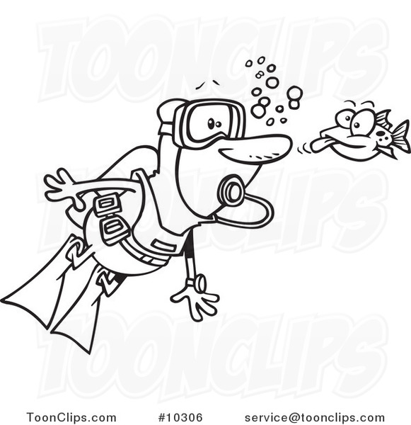 Cartoon Black and White Line Drawing of a Fish Sticking His Tongue out at a Scuba Diver