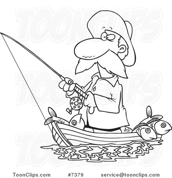 Cartoon Black and White Line Drawing of a Fisher Man Standing in His Boat  #7379 by Ron Leishman