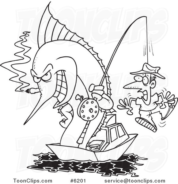 Cartoon Black and White Line Drawing of a Fishing Marlin with a Guy on a Hook