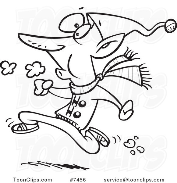 Cartoon Black and White Line Drawing of a Fit Elf Running