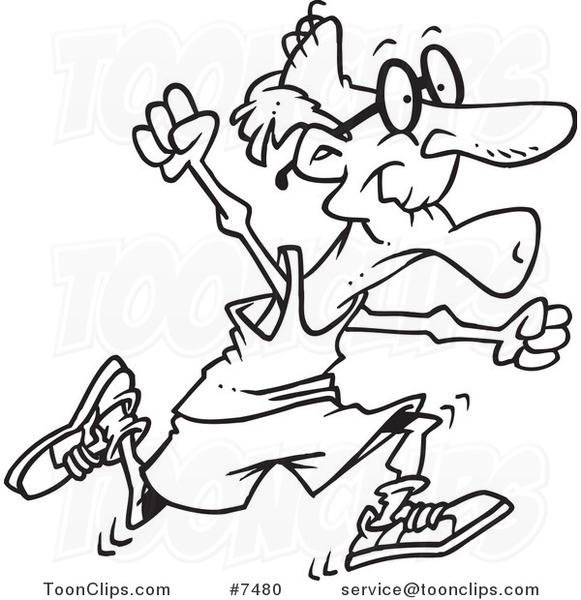 Cartoon Black and White Line Drawing of a Fit Senior Guy Running