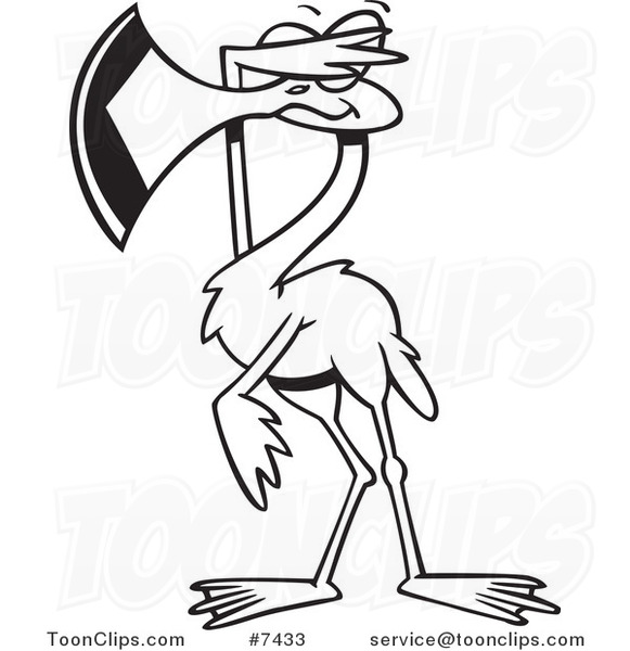 Cartoon Black and White Line Drawing of a Flamingo Covering His Eyes #7433  by Ron Leishman