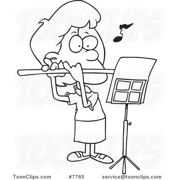 Cartoon Black and White Line Drawing of a Flautist Girl
