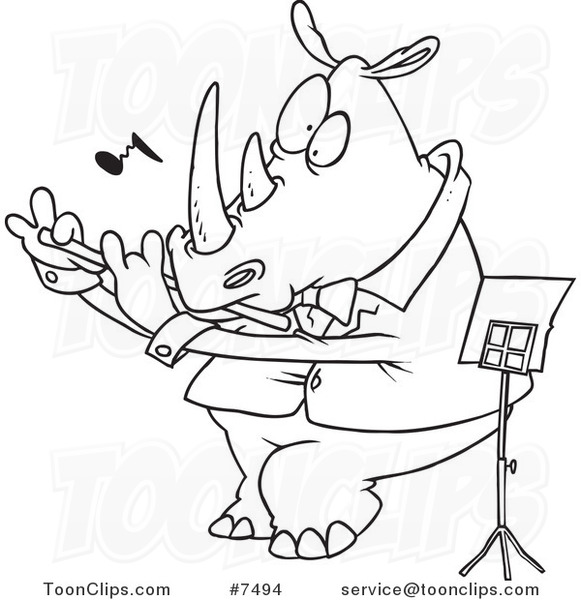 Cartoon Black and White Line Drawing of a Flautist Rhino