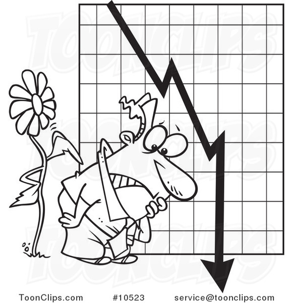 Cartoon Black and White Line Drawing of a Flower Tapping on a Guy by a Failing Chart