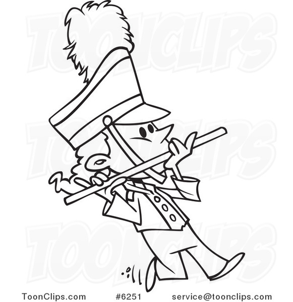 Cartoon Black and White Line Drawing of a Flutist in a Marching Band