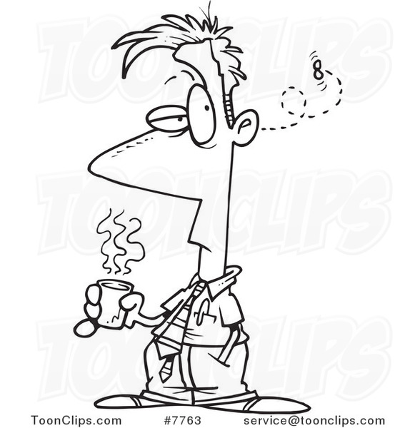 Cartoon Black and White Line Drawing of a Fly Buzzing Around a Business Man Holding Coffee