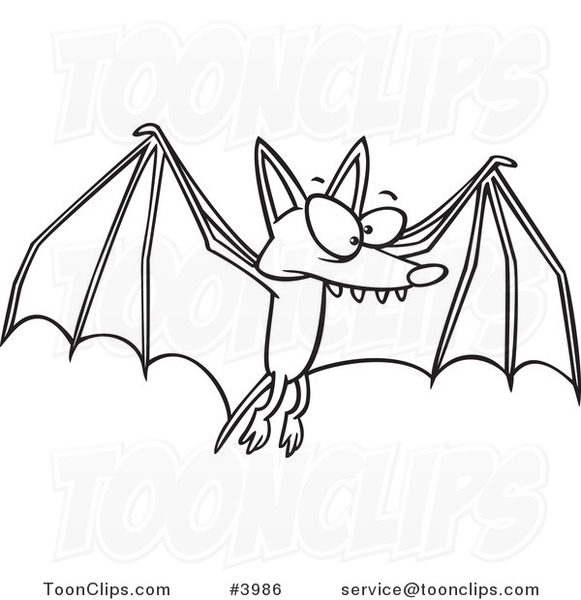 Cartoon Black and White Line Drawing of a Flying Bat #3986 by Ron Leishman