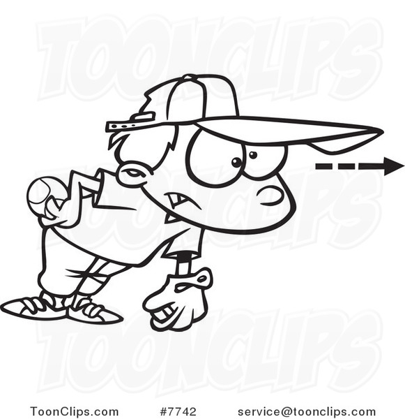 Cartoon Black and White Line Drawing of a Focused Boy Pitching a Baseball