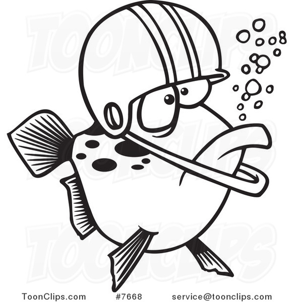 Cartoon Black and White Line Drawing of a Football Fish Wearing a Helmet
