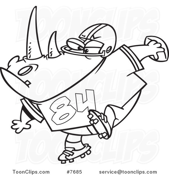 Cartoon Black and White Line Drawing of a Football Rhino