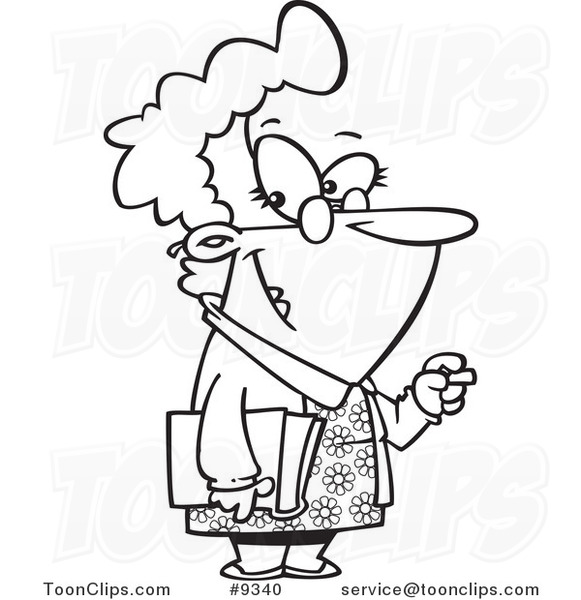 Cartoon Black and White Line Drawing of a Friendly School Teacher