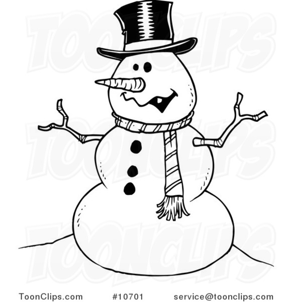 Cartoon Black and White Line Drawing of a Friendly Snowman