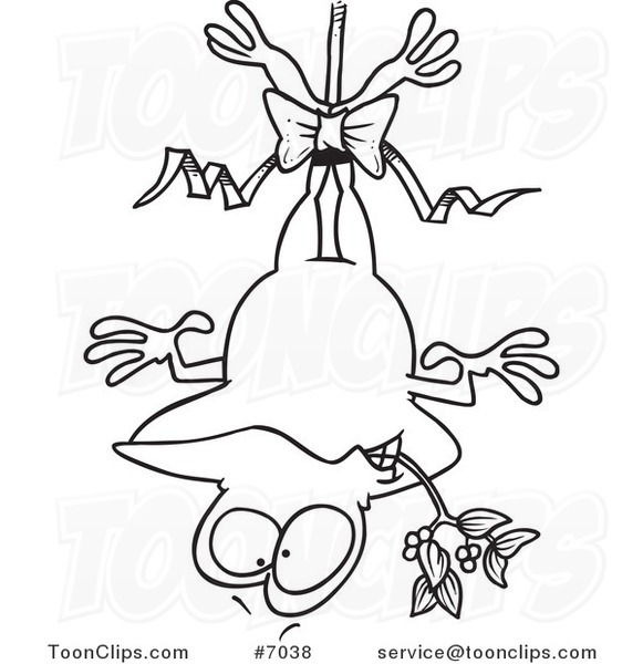 Cartoon Black and White Line Drawing of a Frog Hanging Upside down with Mistletoe