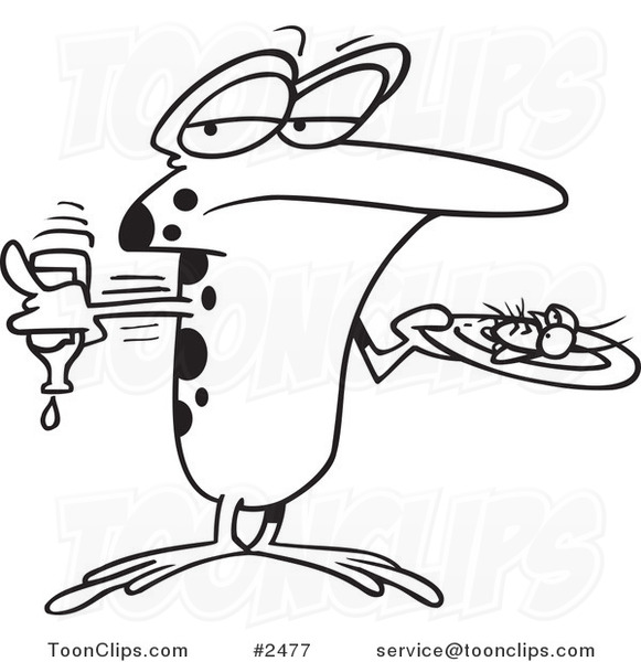 Cartoon Black and White Line Drawing of a Frog Putting Ketchup on a Fly